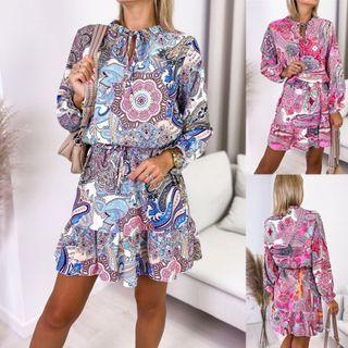 Long Sleeve Floral Print Tie-waist Mini Dress