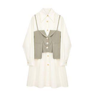 Buttoned Plain Midi Dress With Suit Vest