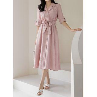 Tab-sleeve Dual-pocket Midi Shirtdress With Sash