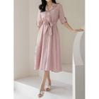 Tab-sleeve Dual-pocket Midi Shirtdress With Sash