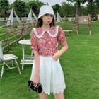 Short-sleeve Floral Print Blouse / Mini A-line Skirt / Set