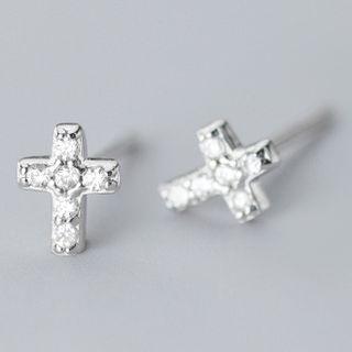 925 Sterling Silver Rhinestone Cross Earring