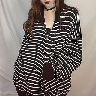 Striped Stand Collar Pullover Stripes - Black & White - One Size