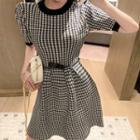 Short-sleeve Houndstooth A-line Dress Black & White - One Size