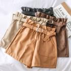 Paperbag-waist Faux-leather Shorts With Belt