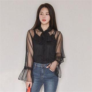 Set: Tie-neck Ruffle-cuff Tulle Blouse + Camisole