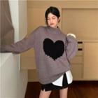 Mock-neck Heart Sweater Khaki - One Size