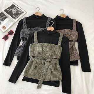 Set:plain Turtle-neck Long-sleeve Top + Plaid Acrylic Lace-up Strap Top