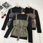 Set:plain Turtle-neck Long-sleeve Top + Plaid Acrylic Lace-up Strap Top