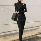 Mock Neck Long-sleeve Knit Midi Sheath Dress Black - One Size
