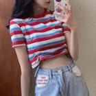 Short-sleeve Striped Drawstring T-shirt Stripes - Blue & Red & White - One Size