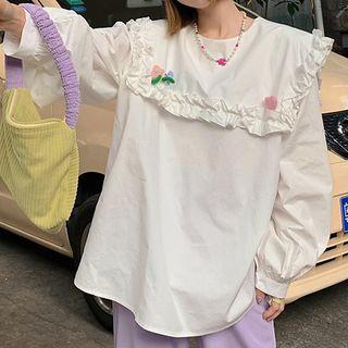 Ruffle Trim Flower Accent Blouse