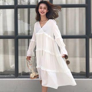 Plain Tiered Long Sleeve Midi Dress