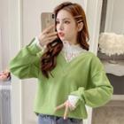 Mock Two Piece Lace Panel Long-sleeve Sweatshirt