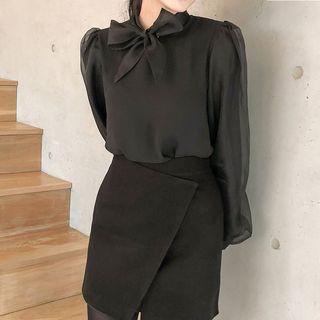 Scarf-neck Chiffon-detail Blouse Black - One Size