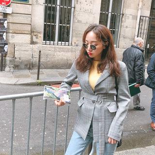 Peaked-lapel Belted Glen-plaid Blazer