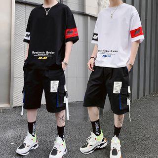 Set: Elbow-sleeve Lettering T-shirt + Cargo Shorts