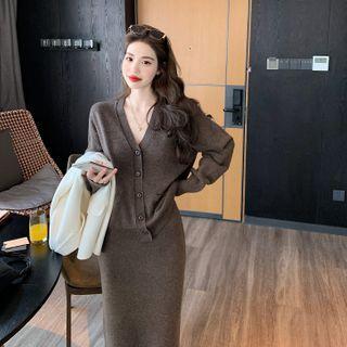 Double Breasted Blazer / Plain Cardigan / Knit Midi Skirt
