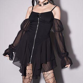 Long-sleeve Spaghetti-strap Off-shoulder Mini A-line Dress