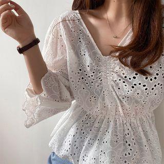 Eyelet Elbow-sleeve Shirred Blouse White - One Size