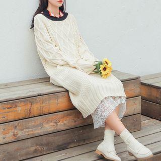 Long-sleeve Ripped Cable Knit Midi Dress