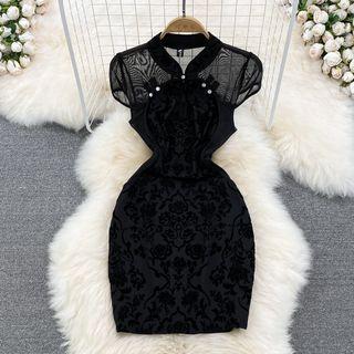 Mesh Panel Sheath Qipao Dress