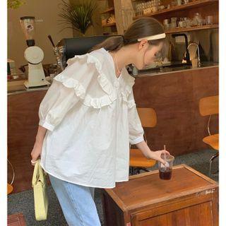 3/4-sleeve V-neck Ruffle Blouse White - One Size