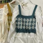 Set: Ruched Sheer Chiffon Top + Argyle Knit Vest