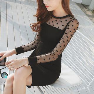 Long-sleeve Dotted Mesh Panel Mini Sheath Dress