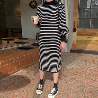 Drop-shoulder Stripe T-shirt Dress Black - One Size