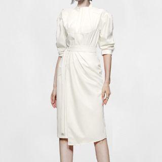 Puff-sleeve Asymmetrical Midi Sheath Dress