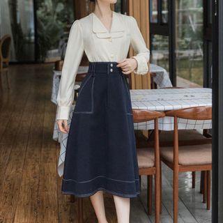 Set : Plain Single-breasted Shirt + High-waist Skirt