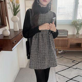 Mock-neck Blouse / Sleeveless Tweed Mini Dress / Set