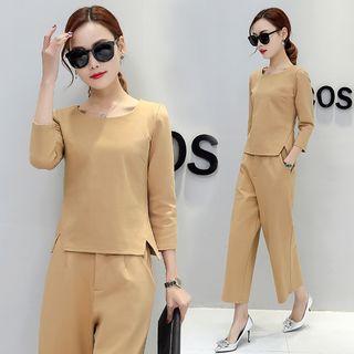 Set: 3/4-sleeve Plain Top + Cropped Wide Leg Pants