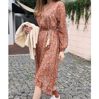 Drawstring-waist Floral Print Chiffon Dress Orange - One Size