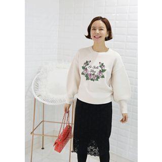 Puff-sleeve Embroidered Knit Top