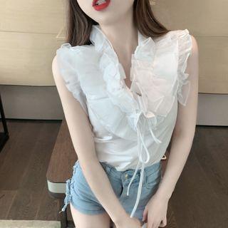 Ruffle Trim V-neck Sleeveless Top White - One Size