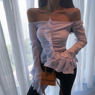 Long-sleeve Ruffle Trim Off-shoulder Top White - One Size
