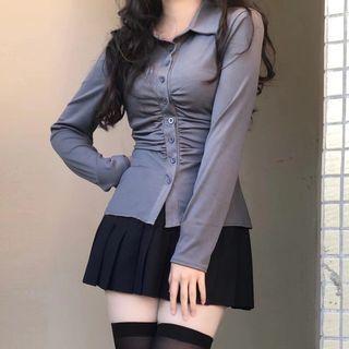 Shirred Shirt / Pleated A-line Skirt / Scarf / Set