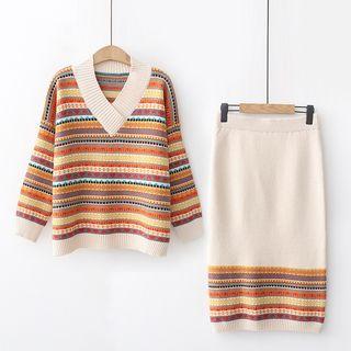 Set: V-neck Stripe Sweater + Knit Skirt
