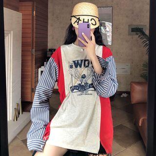 Striped Panel Printed Long-sleeve Top As Shown In Figure - One Size