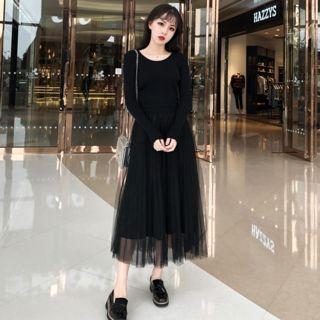 Long-sleeve Sheer Overlay A-line Midi Knit Dress