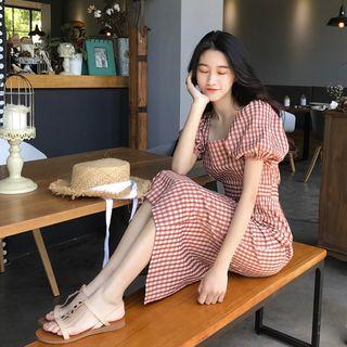 Short-sleeve Midi Plaid A-line Dress