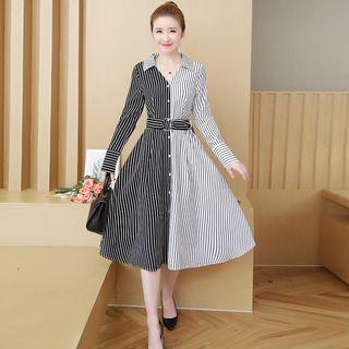 Long-sleeve Striped Panel A-line Midi Shirt Dress