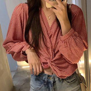 V-neck Gingham Knotted Blouse