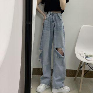 Mid Rise Distressed Wide-leg Jeans