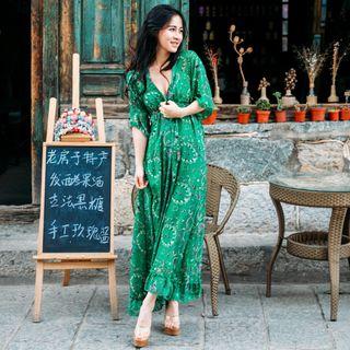 Elbow-sleeve Printed Maxi Sun Dress