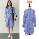 Gathered-waist Long-sleeved Striped Long Sheath Dress