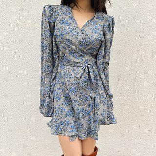 Ruffle-hem Floral Mini Wrap Dress Blue - One Size