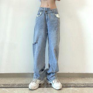 Low Rise Asymmetrical Distressed Straight Leg Jeans